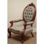 Victorian style carved mahogany armchair, upholstered seat,