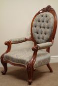 Victorian style carved mahogany armchair, upholstered seat,