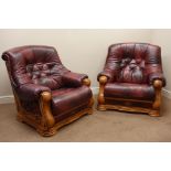 Light oak framed three seat sofa upholstered in burgundy leather (L190cm) and pair matching