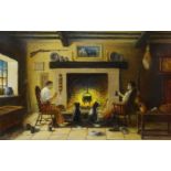 Interior Scene - Men Drinking and Smoking by a Fire,