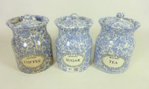 Set of three Frederick Rathbone blue and white chintz pattern sugar,