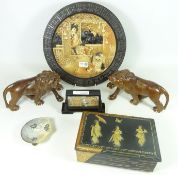 Bretby Oriental style wall plaque D33cm, pair of Chinese carved wood lions, oriental tin box,