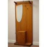 Mid 20th century vintage retro teak hall stand, cupboard and drawer, shaped mirror, W77cm, H181cm,