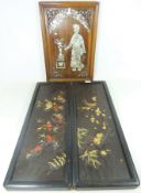 Mother of pearl inlaid wood panel and a pair of wooden inlaid panels,