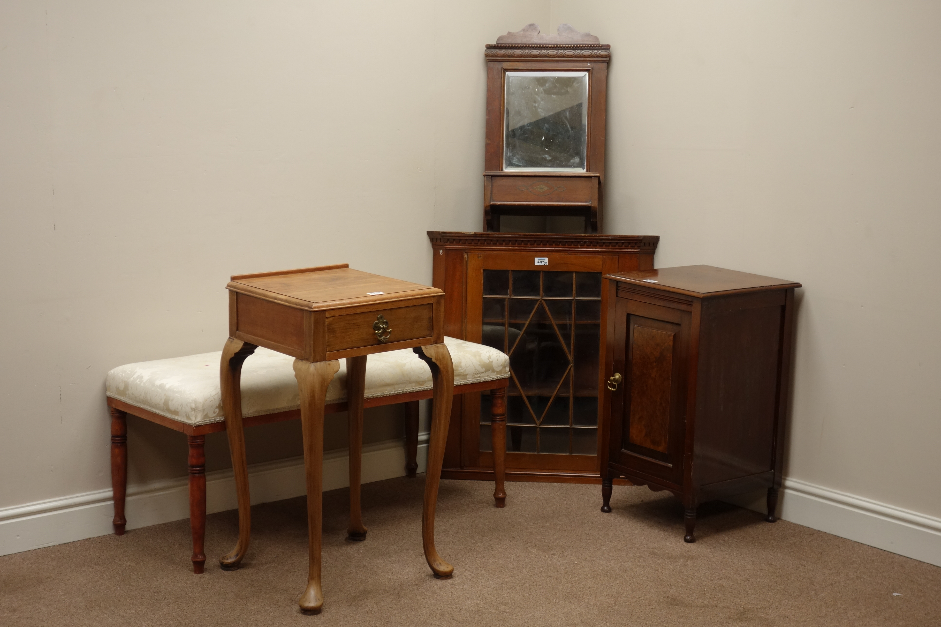 Edwardian walnut bedside cabinet, mahogany corner cabinet, lamp table with drawer,