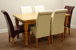 Pine rectangular dining table (153cm x 92cm) and six cream and brown upholstered high back chairs
