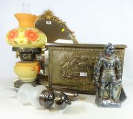 Brass slipper box with armorial design and contents, Knight companion set,