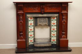 Victorian style mahogany and cast iron fireplace - carved surround with ornate inset and Art