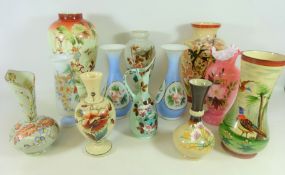 Collection of Victorian hand painted opaline glass vases in one box Condition Report