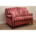 Two sofa upholstered in red striped velvet fabric, mahogany finish feet,