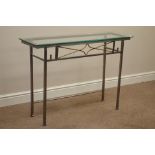 Wrought metal and glass top console table, W106cm, H76cm,