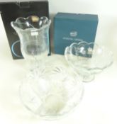 Two Stuart crystal etched vases on with original box and a Bohemia crystal bowl,