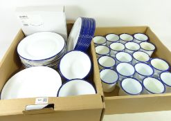 White and blue rim enamel dinner and teaware in two boxes,
