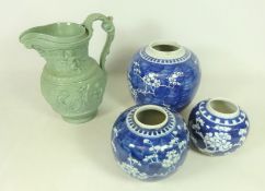 Victorian salt glaze jug dated 1852 and three 19th/ early 20th Century Chinese ginger jars (4)