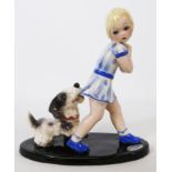 Goldscheider Art Deco figure of a young girl playing with dog by Claire Weiss,