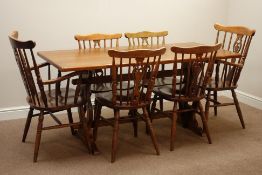 Medium oak rectangular dining table (164cm x 76cm) and six spindle back chairs Condition