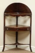 Georgian mahogany three tier corner washstand, single drawer, W62cm,