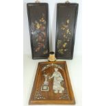 Mother of pearl inlaid wood panel and a pair of wooden inlaid panels,