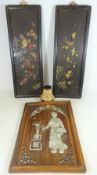 Mother of pearl inlaid wood panel and a pair of wooden inlaid panels,