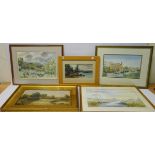 Collection of five 20th century watercolours including 'Knaresborough',