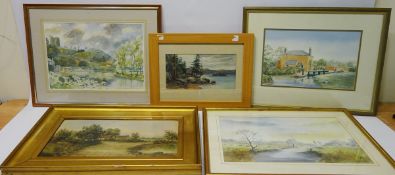 Collection of five 20th century watercolours including 'Knaresborough',