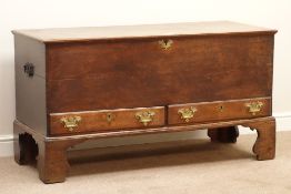 Late 18th century oak mule chest, hinged lid, two drawers, on tall bracket feet, W138cm, H75cm,