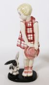 Goldscheider Art Deco figure of a young girl playing with a rabbit by Claire Weiss,