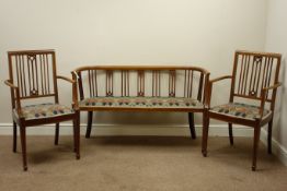 Edwardian inlaid mahogany tub shaped boudoir settee (W124cm), and two matching armchairs (W54cm),