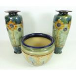 Pair of early 20th Century Royal Doulton stoneware vases with flower decoration no.