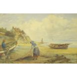'Drying Nets' Sandsend near Whitby, watercolour signed and titled by Kate E Booth (British fl.