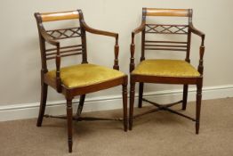 Pair Sheraton period mahogany carver armchairs, satinwood top rail,