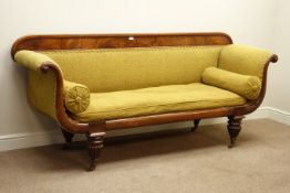 William IV mahogany two seat settee, scrolled arms, on fluted supports,
