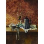 Still Life of Pearls, Lamp and Kettle, watercolour signed by John Lidzey (British 1935-2009),