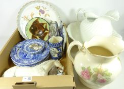 Set of seven Spode Italian dinner plates and two saucers, early 20th Century blue and white jug,
