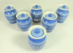 Set of six small Bretby storage jars; Pepper, Ginger, Spice, Soda/ Bi-Carb,