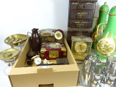 Bakelite items, two Kundo clocks, watch makers chest with parts, kitchen scales,