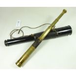 20th century black Japanned and leather three draw telescope, with end cap, eyepiece stamped AW,