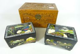 Two Japanese lacquered jewellery boxes and a carved camphor lined box (3) Condition