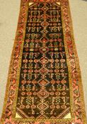 Persian Hamadan runner rug, red boarder, stylised design,