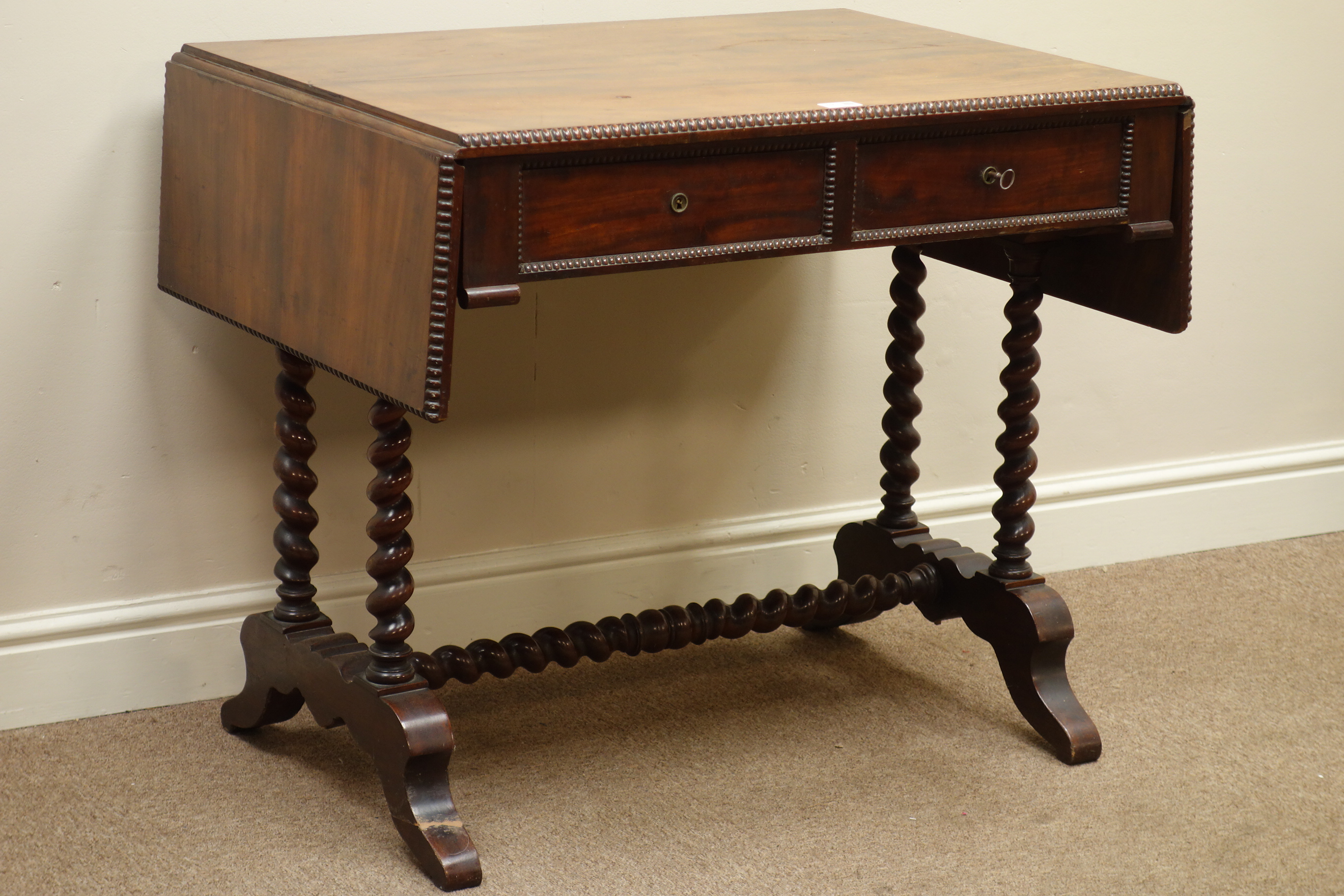 Victorian mahogany drop leaf sofa table, on barley twist base, two drawers, gadroon moulding, W84cm,