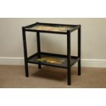 Black painted two tier side table with fruit and floral decoupage decoration, W66cm, H70cm,