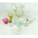 Victorian cut glass pitcher, two early 19th Century drinking glasses,