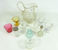 Victorian cut glass pitcher, two early 19th Century drinking glasses,