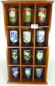 Set twelve Chinese Cloisonne vases on stands in fitted mahogany wall case,