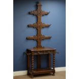 Victorian carved oak hall stand, two drawers, with barley twist supports, W97cm, H212cm,