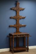 Victorian carved oak hall stand, two drawers, with barley twist supports, W97cm, H212cm,