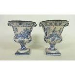 Pair of 19th Century Delft urn shaped vases with Chinoiserie decoration, H17.