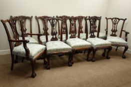 Reproduction set ten (8+2) mahogany Chippendale style dining chairs, shaped pieced splat back,