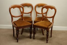 Set four Victorian mahogany balloon back dining chairs with upholstered drop in seats