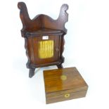 Late 19th/ early 20th Century mahogany work box with contents and a similar age standing corner